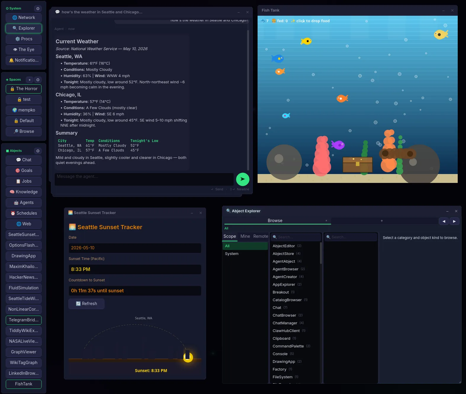 Four windows at once: a weather report for Seattle and Chicago, a fish tank with swimming fish, a Seattle sunset tracker counting down, and the Abject Explorer listing objects
