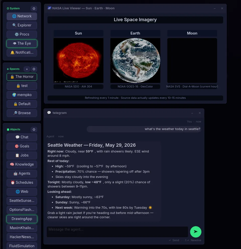 A NASA Live Viewer window showing current imagery of the Sun and Earth side by side, above a chat window answering a weather question