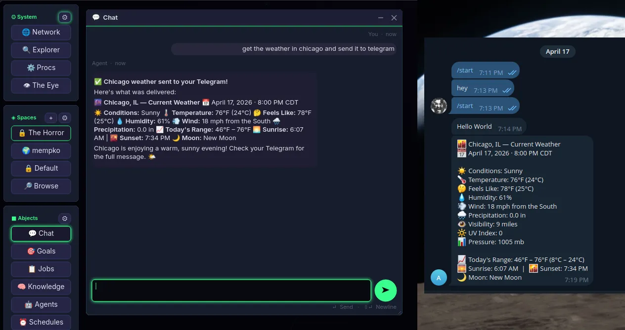 An Abject chat window that fetched Chicago weather side by side with the Telegram app showing the same weather report delivered as a message