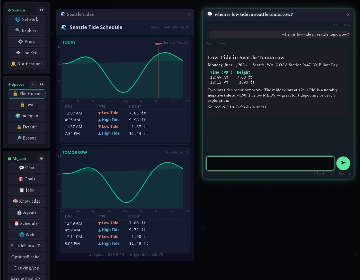 A Seattle tide schedule widget with two days of tide charts next to a chat window answering "when is low tide in seattle tomorrow?" with NOAA data
